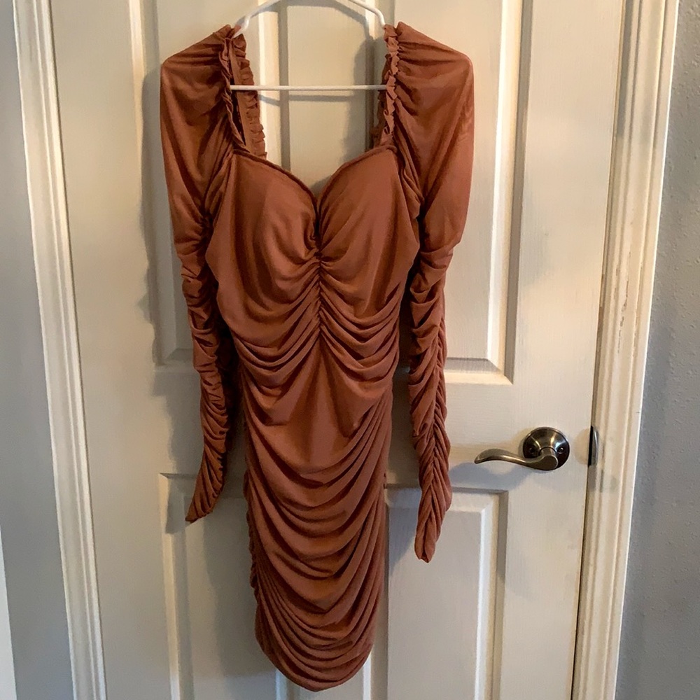 ~Nude Pink Fashion Nova Ruched Mini Dress